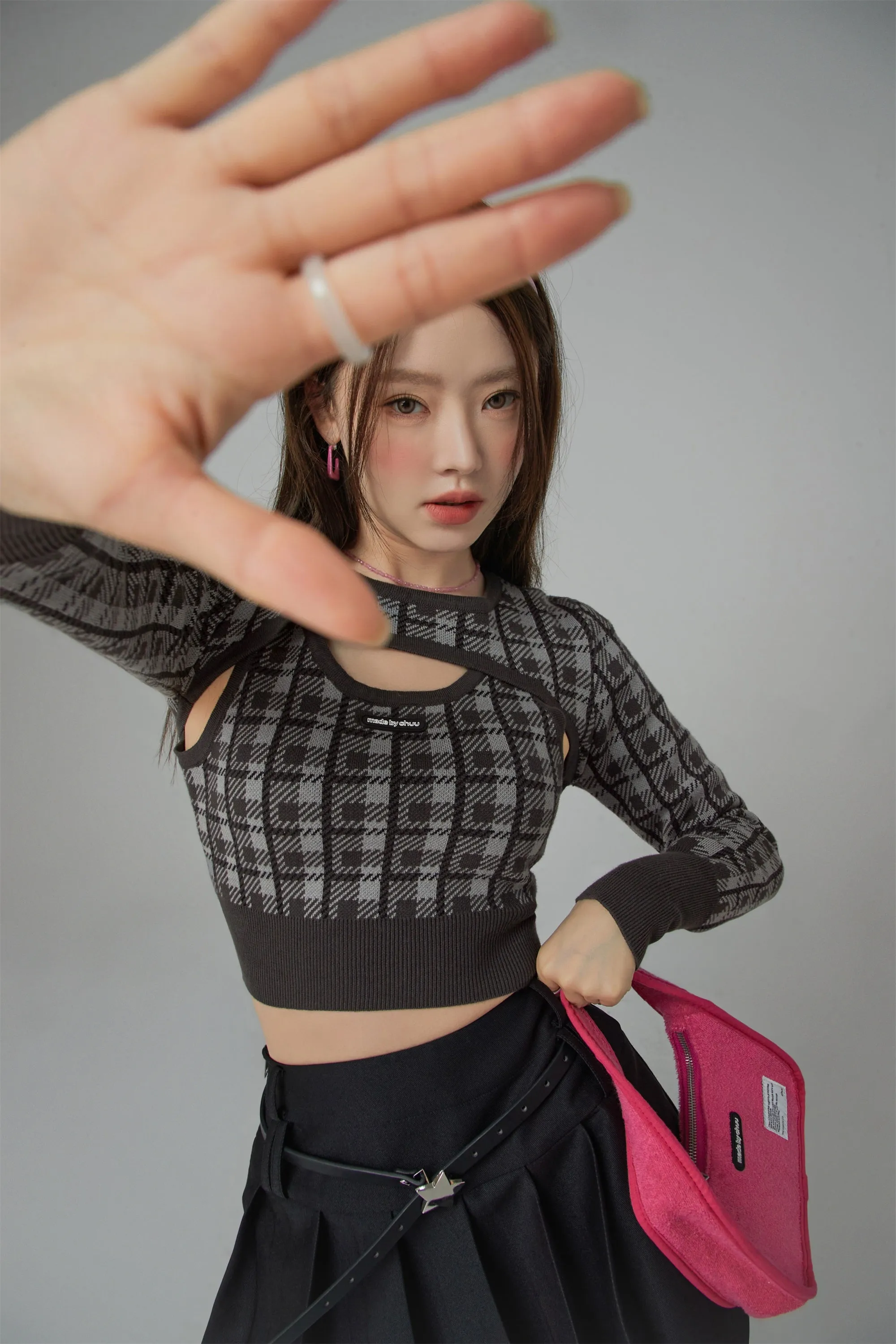 2-Layers Chest Cutout Check Knit Sweater