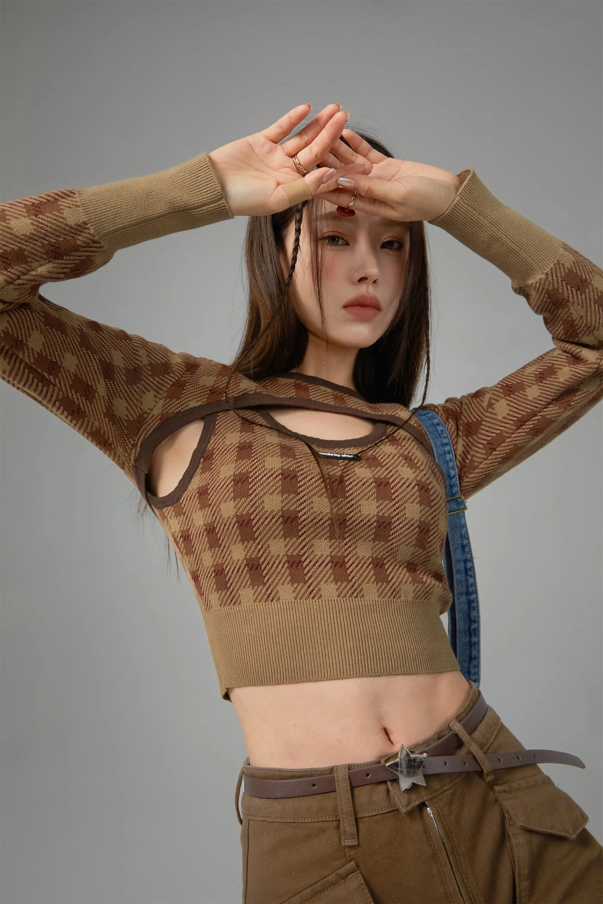 2-Layers Chest Cutout Check Knit Sweater