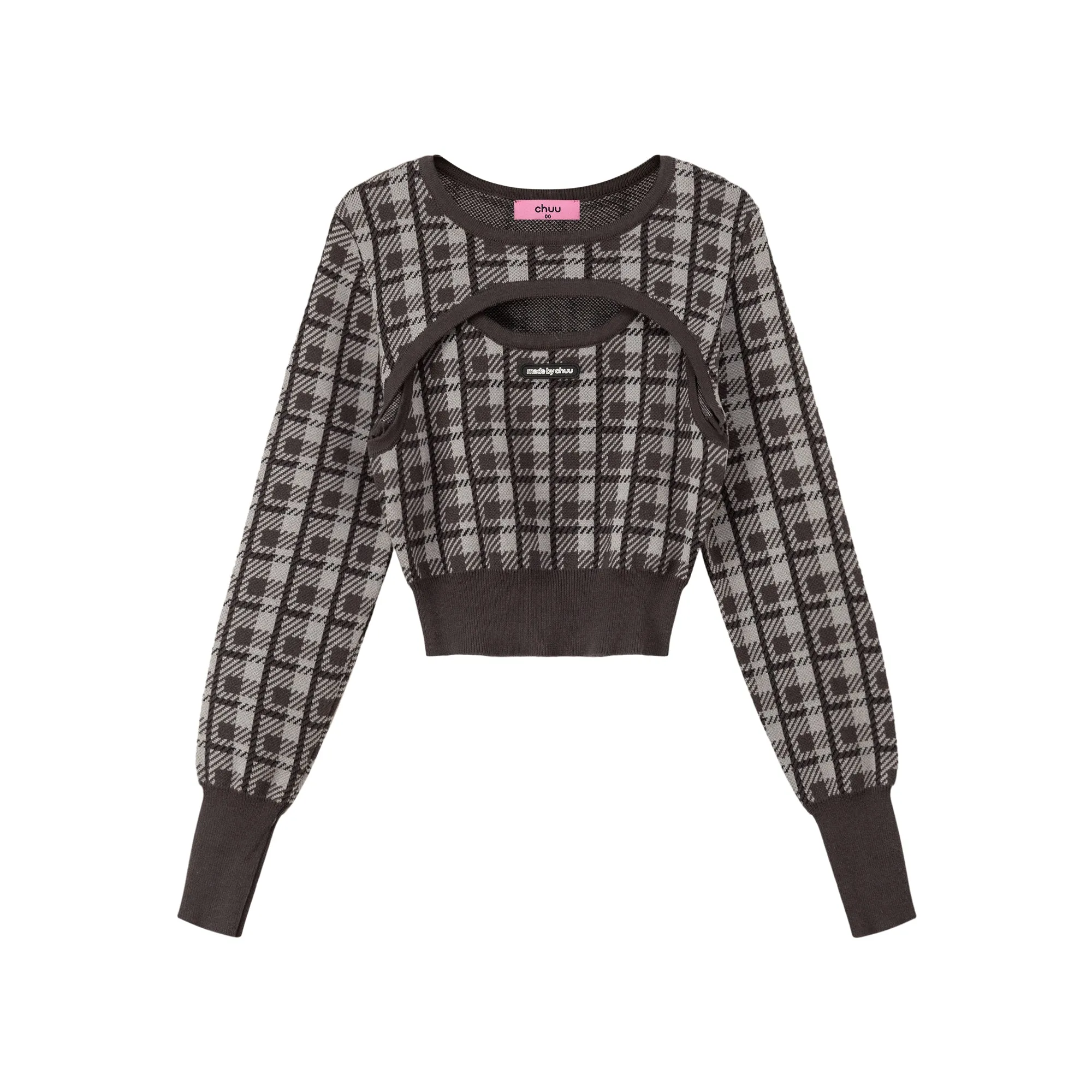 2-Layers Chest Cutout Check Knit Sweater