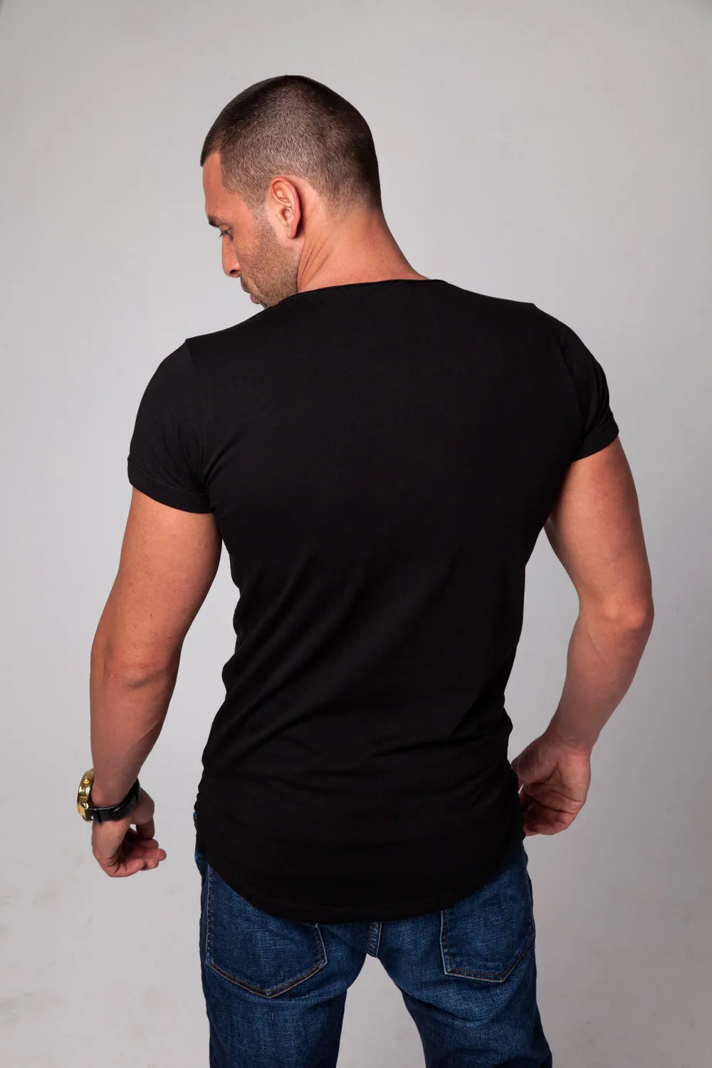 2 Pack Men's Plain Black Round Neck T-shirt - Longline