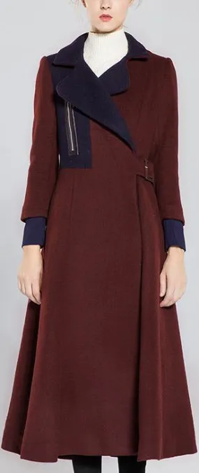 Adjustable Buckle-Belted Two-Toned Wool Wrap Coat