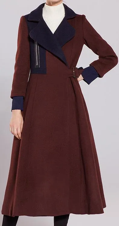 Adjustable Buckle-Belted Two-Toned Wool Wrap Coat