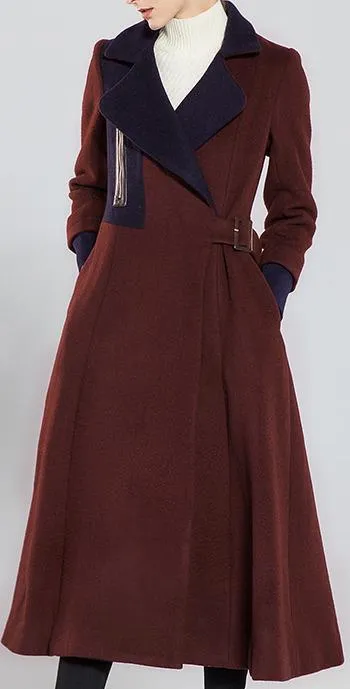 Adjustable Buckle-Belted Two-Toned Wool Wrap Coat