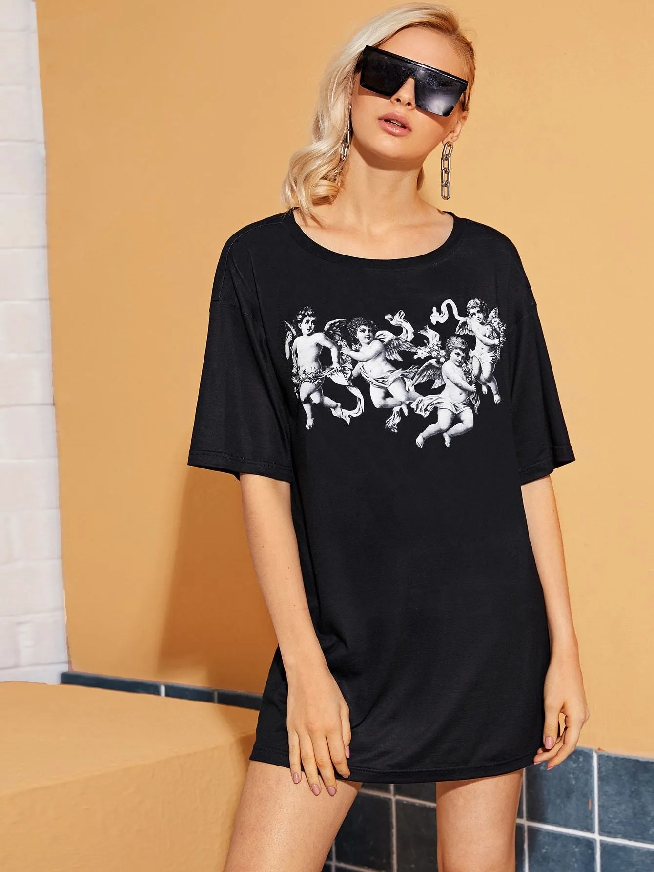 Angel Print Longline Oversized Tee