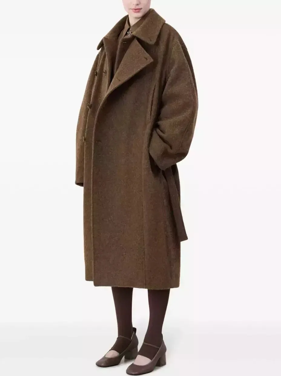 Belted Bathrobe Style Wool Coat in Brown