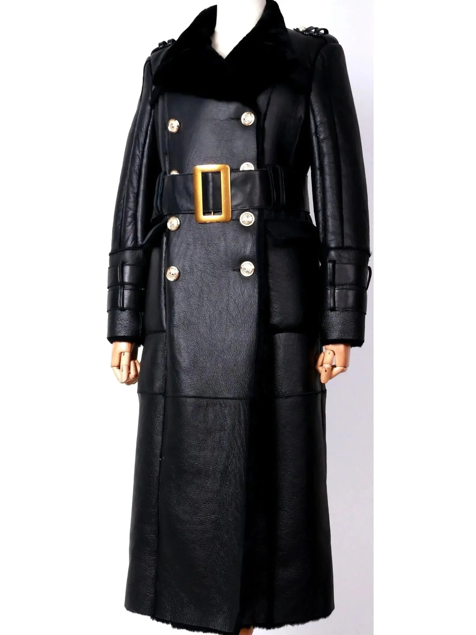 Belted Black Shearling Sheepskin Leather Coat