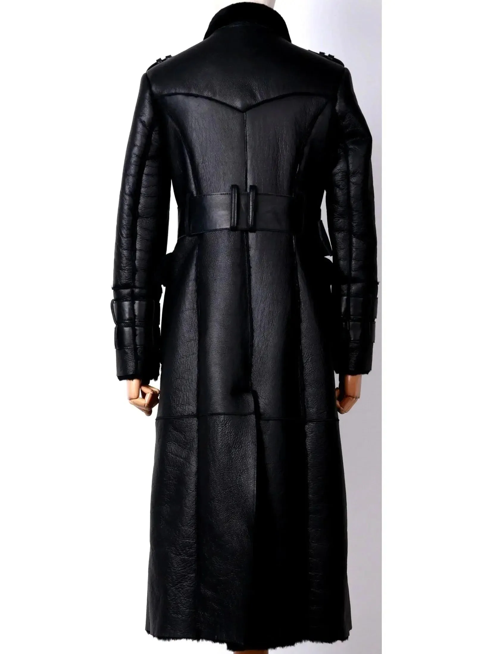 Belted Black Shearling Sheepskin Leather Coat