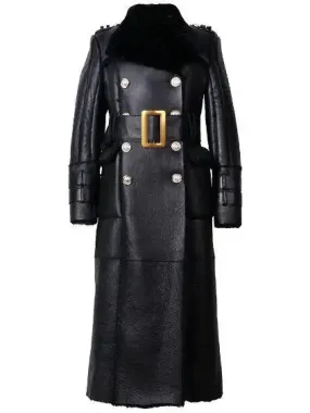 Belted Black Shearling Sheepskin Leather Coat