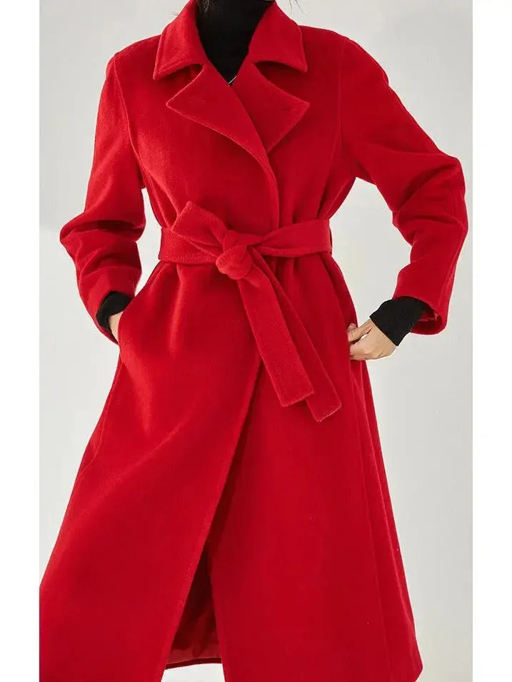 Belted Cashmere Wool Wrap Coat, Red