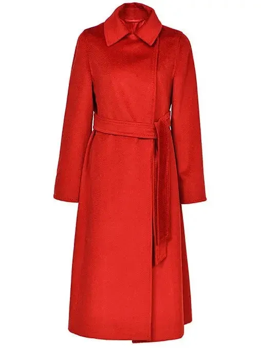 Belted Cashmere Wool Wrap Coat, Red