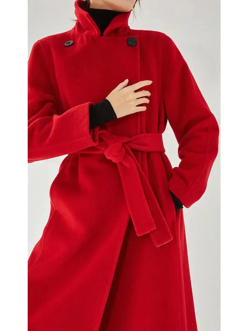 Belted Cashmere Wool Wrap Coat, Red