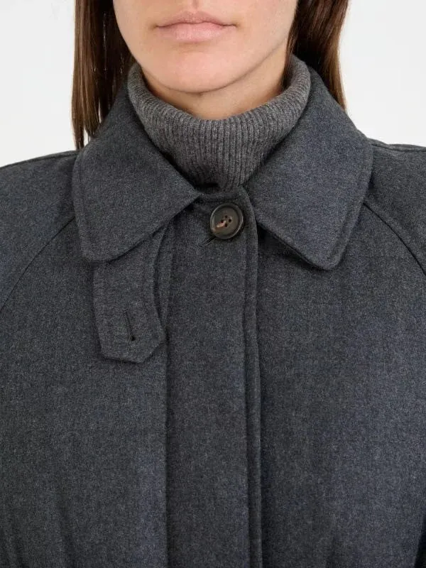 Belted Grey Feather Down Coat in Wool