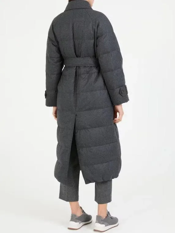 Belted Grey Feather Down Coat in Wool