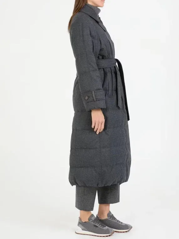 Belted Grey Feather Down Coat in Wool