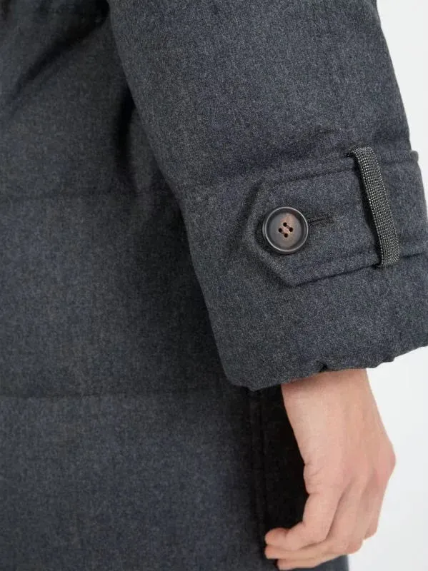 Belted Grey Feather Down Coat in Wool