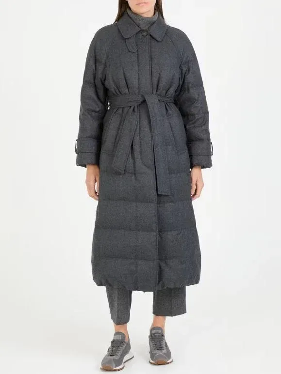 Belted Grey Feather Down Coat in Wool