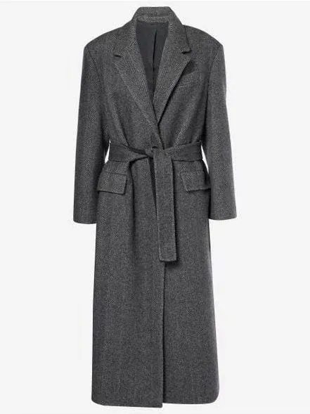 Belted Herringbone Pattern Long Wool Coat