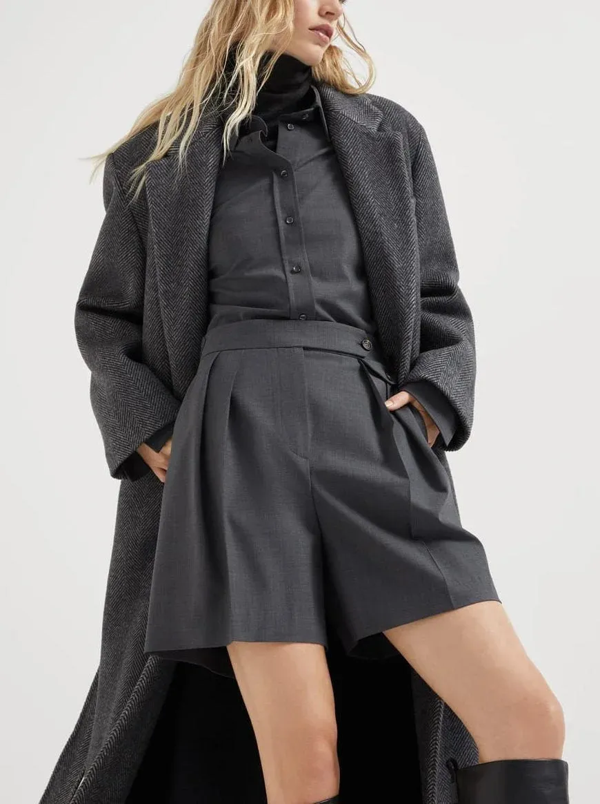 Belted Herringbone Pattern Long Wool Coat