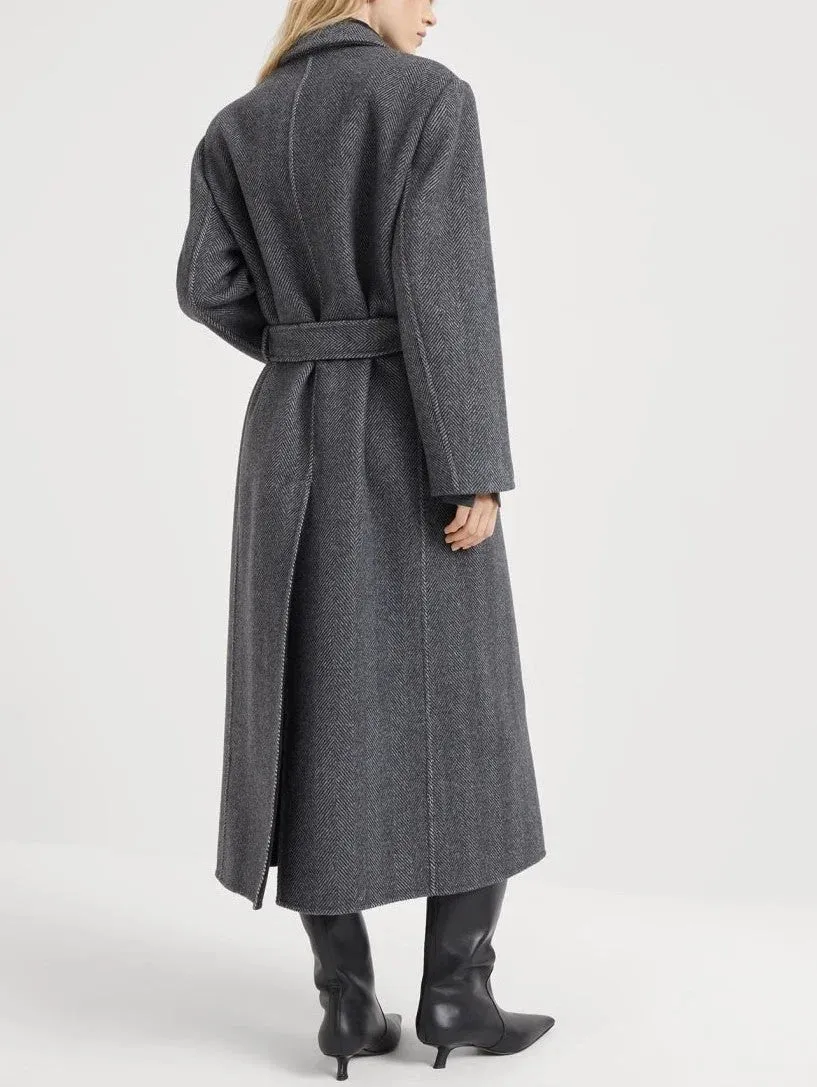 Belted Herringbone Pattern Long Wool Coat