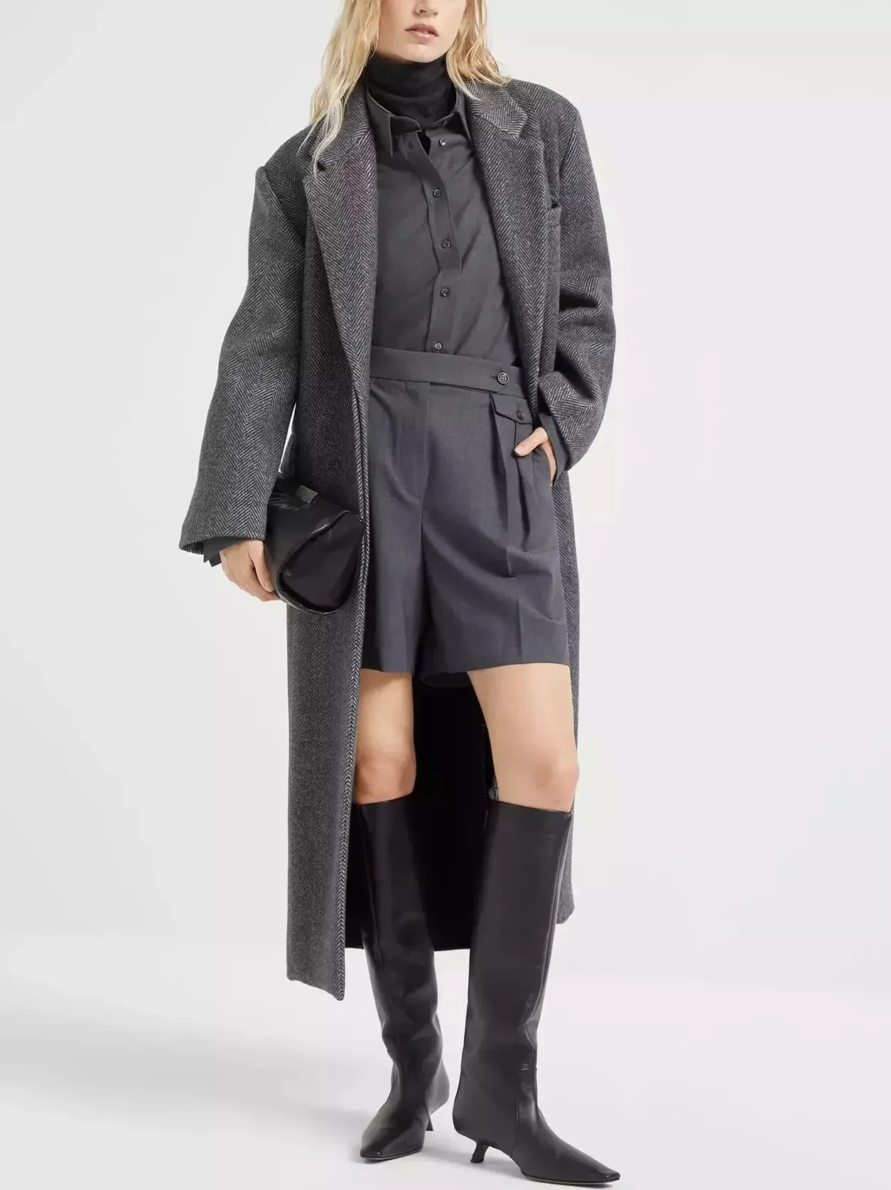 Belted Herringbone Pattern Long Wool Coat