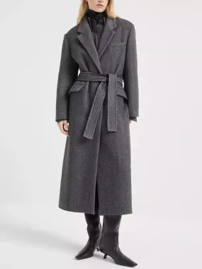 Belted Herringbone Pattern Long Wool Coat