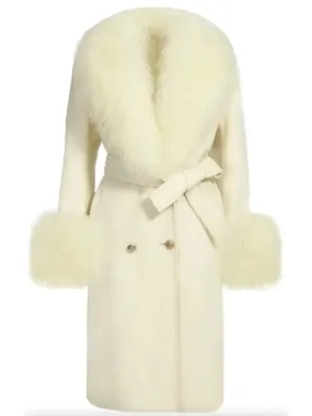 Belted Lambswool/Shearling Wool Cashmere Coat, White