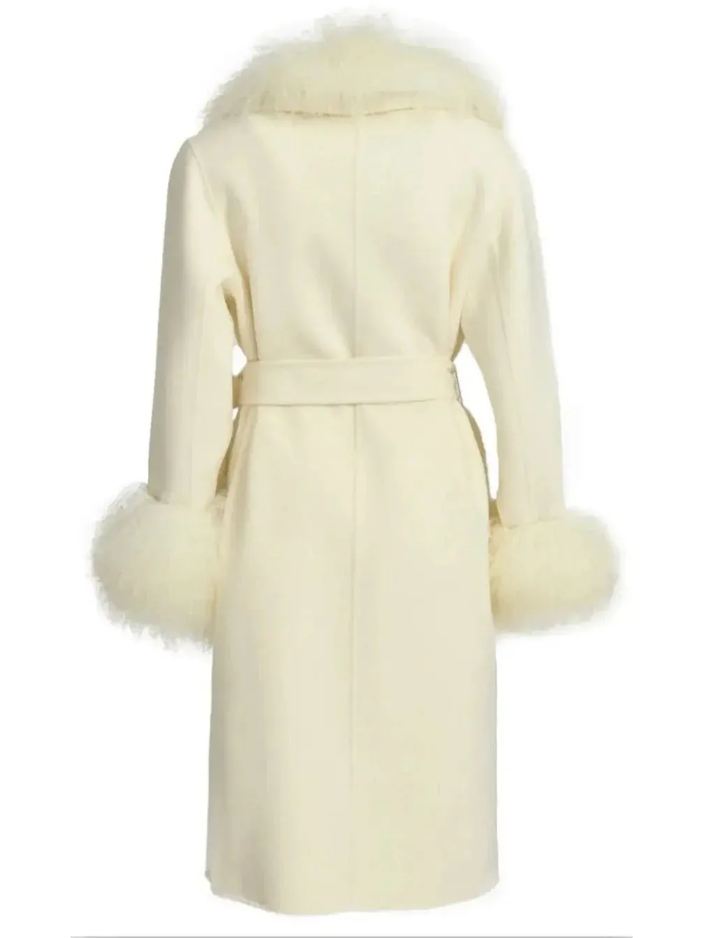 Belted Lambswool/Shearling Wool Cashmere Coat, White