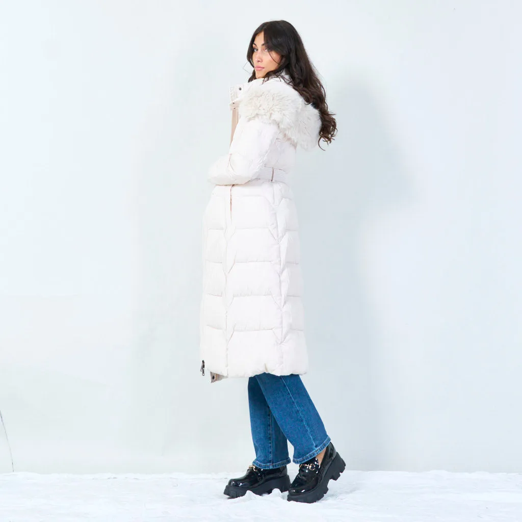 Belted long puffer coat with faux fur hood wholesale