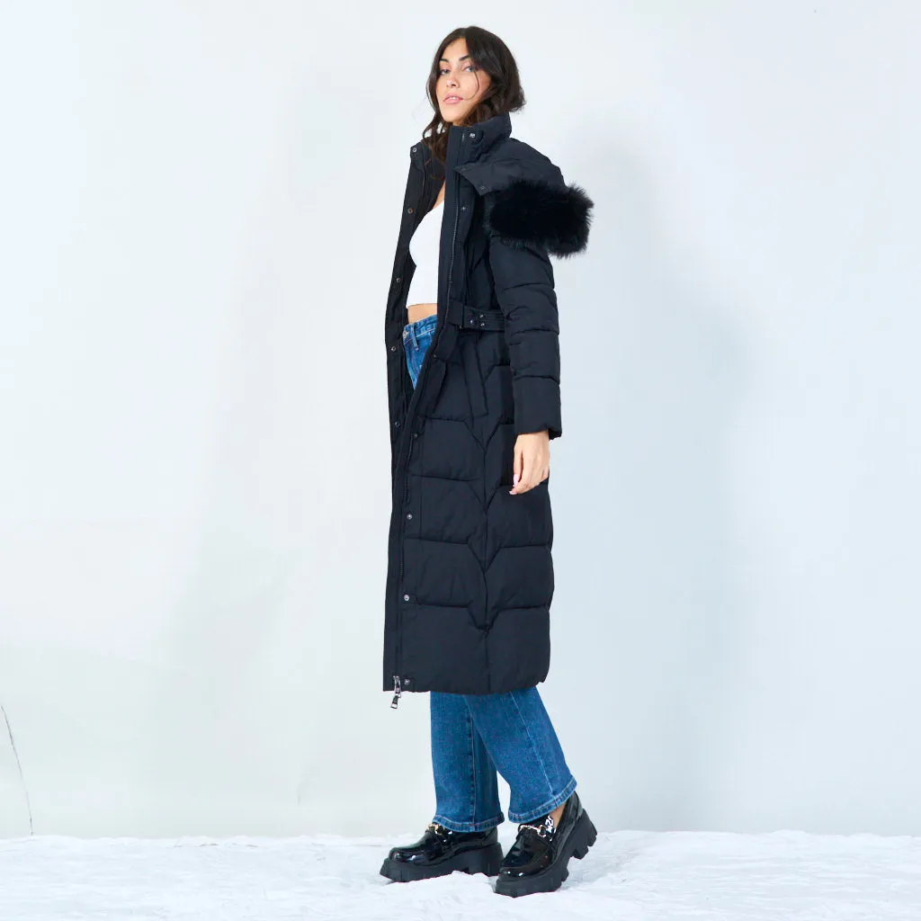 Belted long puffer coat with faux fur hood wholesale