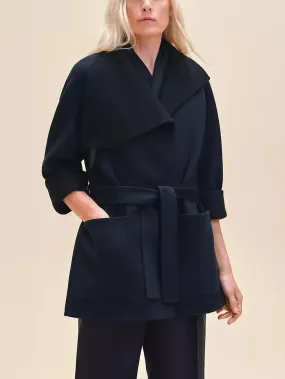 Belted Wool Cashmere Short Coat with Leather Tab in Black