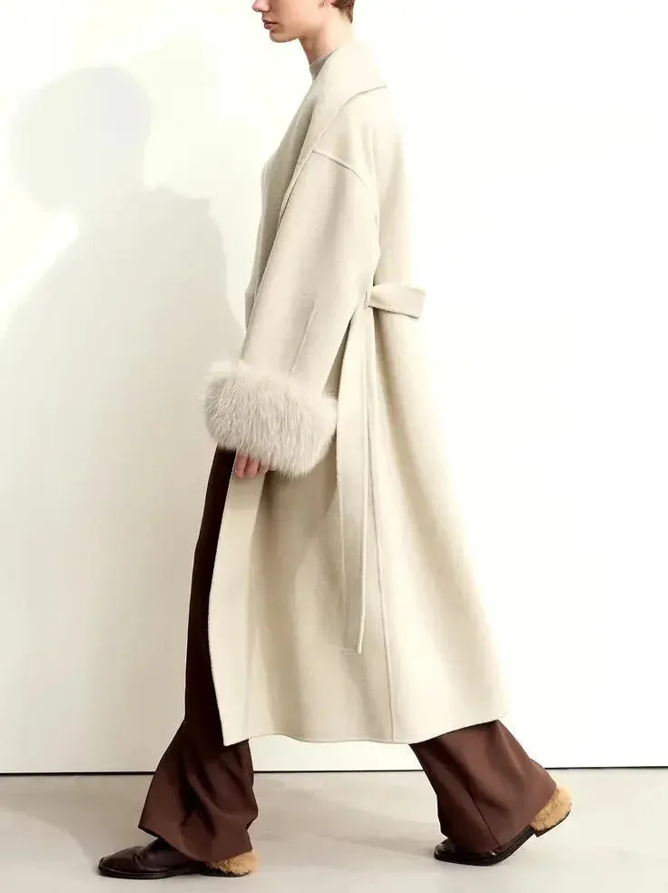 Belted Wrap Wool Coat with Detachable Fox Fur Cuffs in Beige