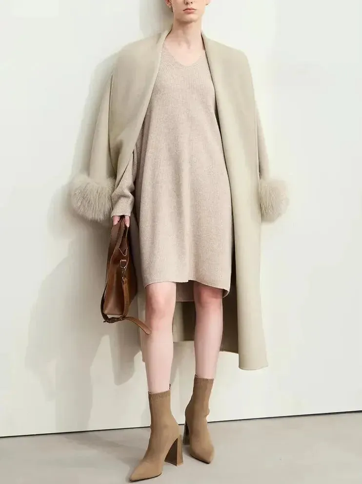 Belted Wrap Wool Coat with Detachable Fox Fur Cuffs in Beige