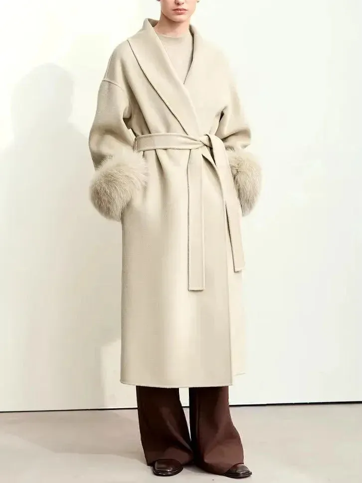 Belted Wrap Wool Coat with Detachable Fox Fur Cuffs in Beige