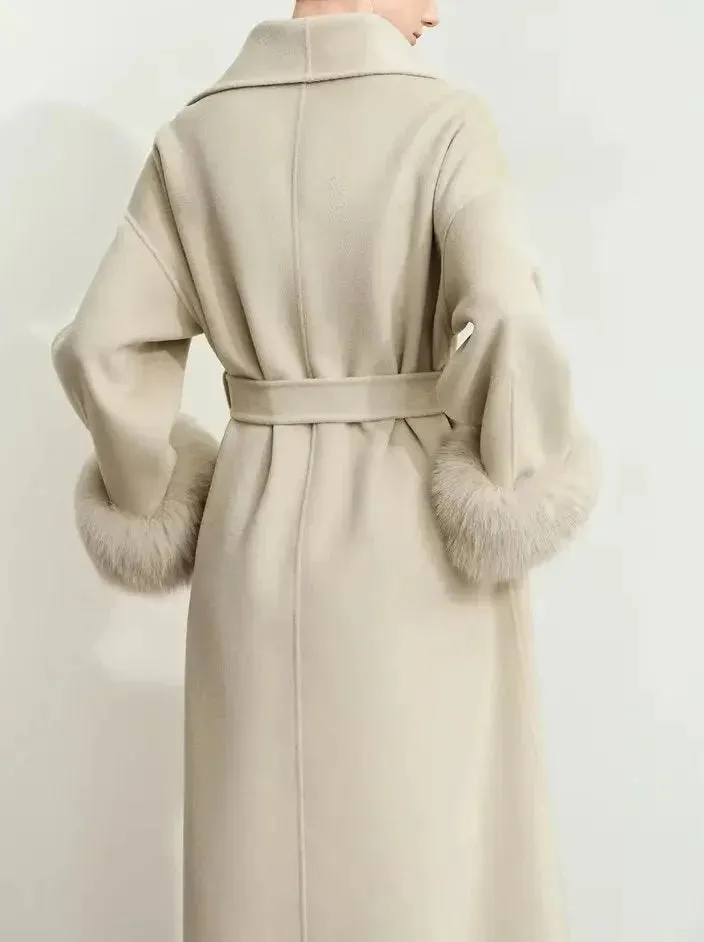 Belted Wrap Wool Coat with Detachable Fox Fur Cuffs in Beige