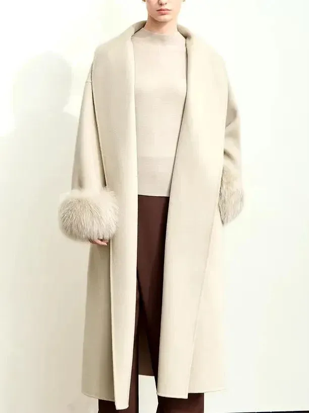 Belted Wrap Wool Coat with Detachable Fox Fur Cuffs in Beige