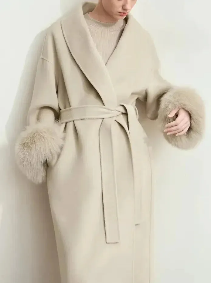 Belted Wrap Wool Coat with Detachable Fox Fur Cuffs in Beige