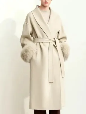 Belted Wrap Wool Coat with Detachable Fox Fur Cuffs in Beige