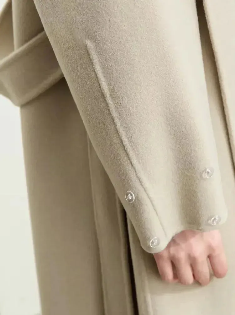 Belted Wrap Wool Coat with Detachable Fox Fur Cuffs in Beige