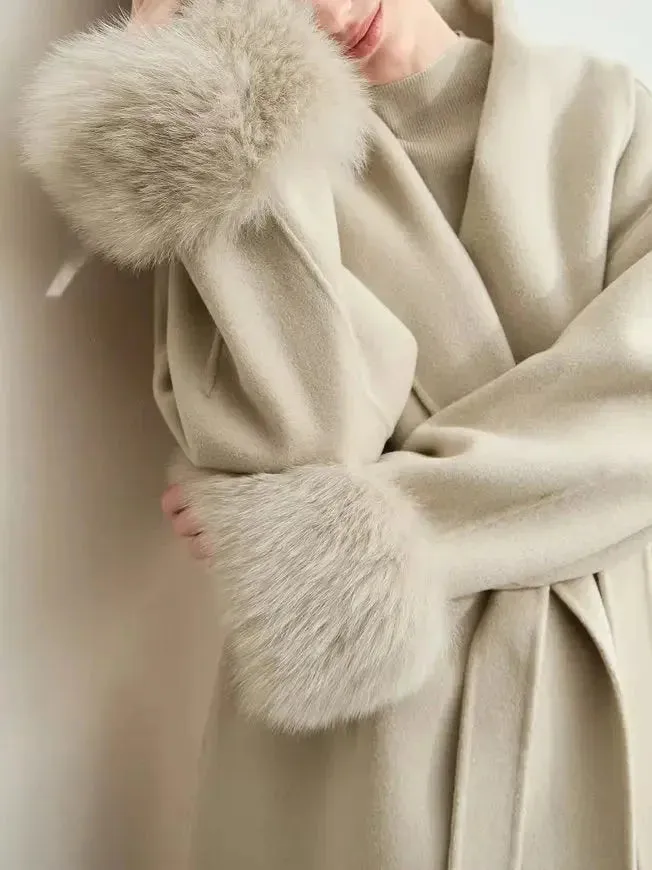 Belted Wrap Wool Coat with Detachable Fox Fur Cuffs in Beige