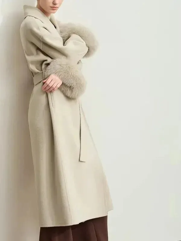 Belted Wrap Wool Coat with Detachable Fox Fur Cuffs in Beige