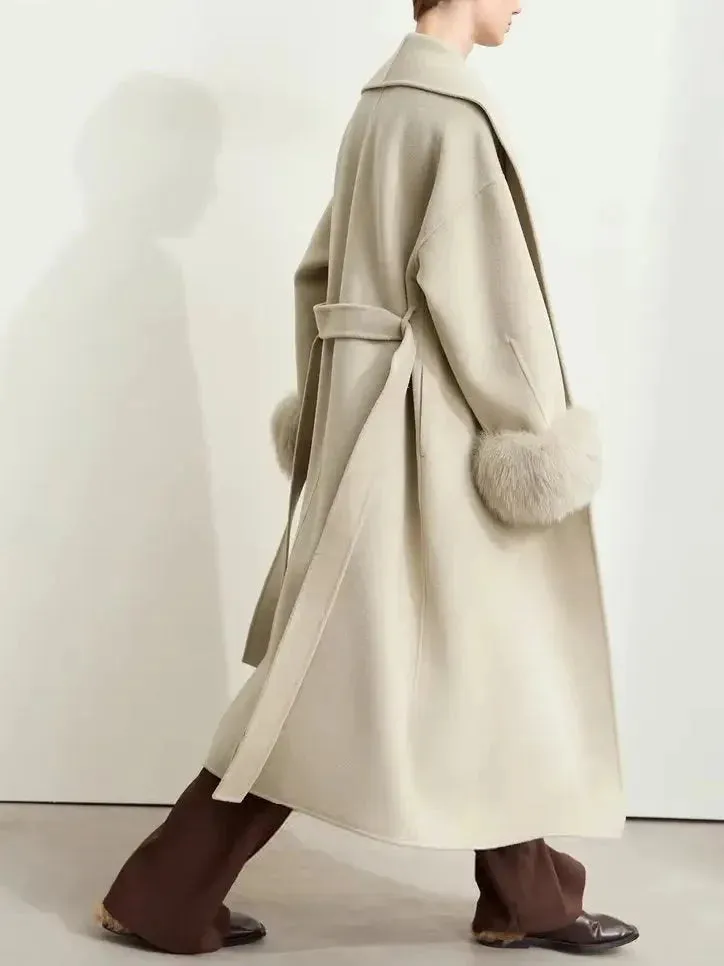 Belted Wrap Wool Coat with Detachable Fox Fur Cuffs in Beige