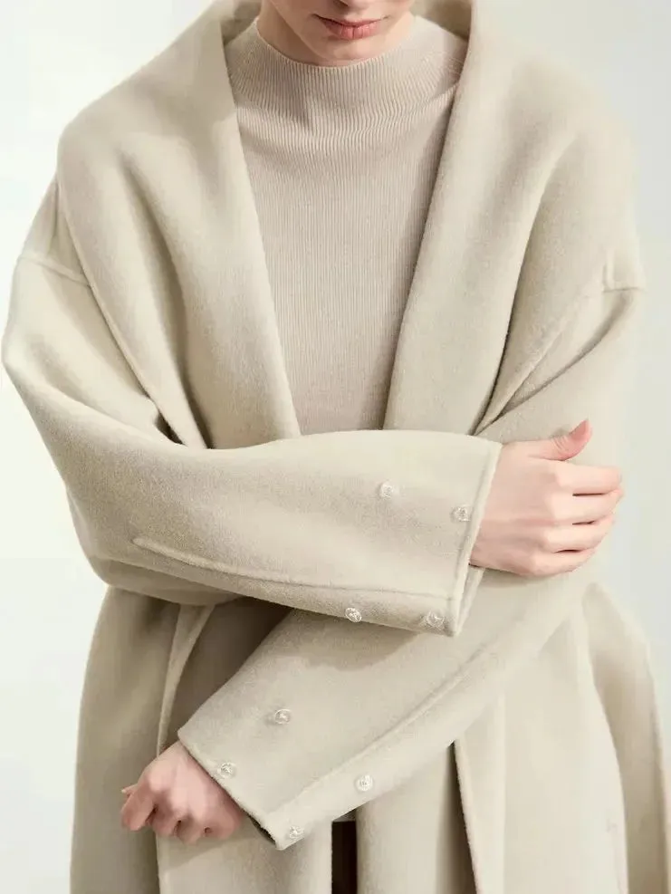 Belted Wrap Wool Coat with Detachable Fox Fur Cuffs in Beige