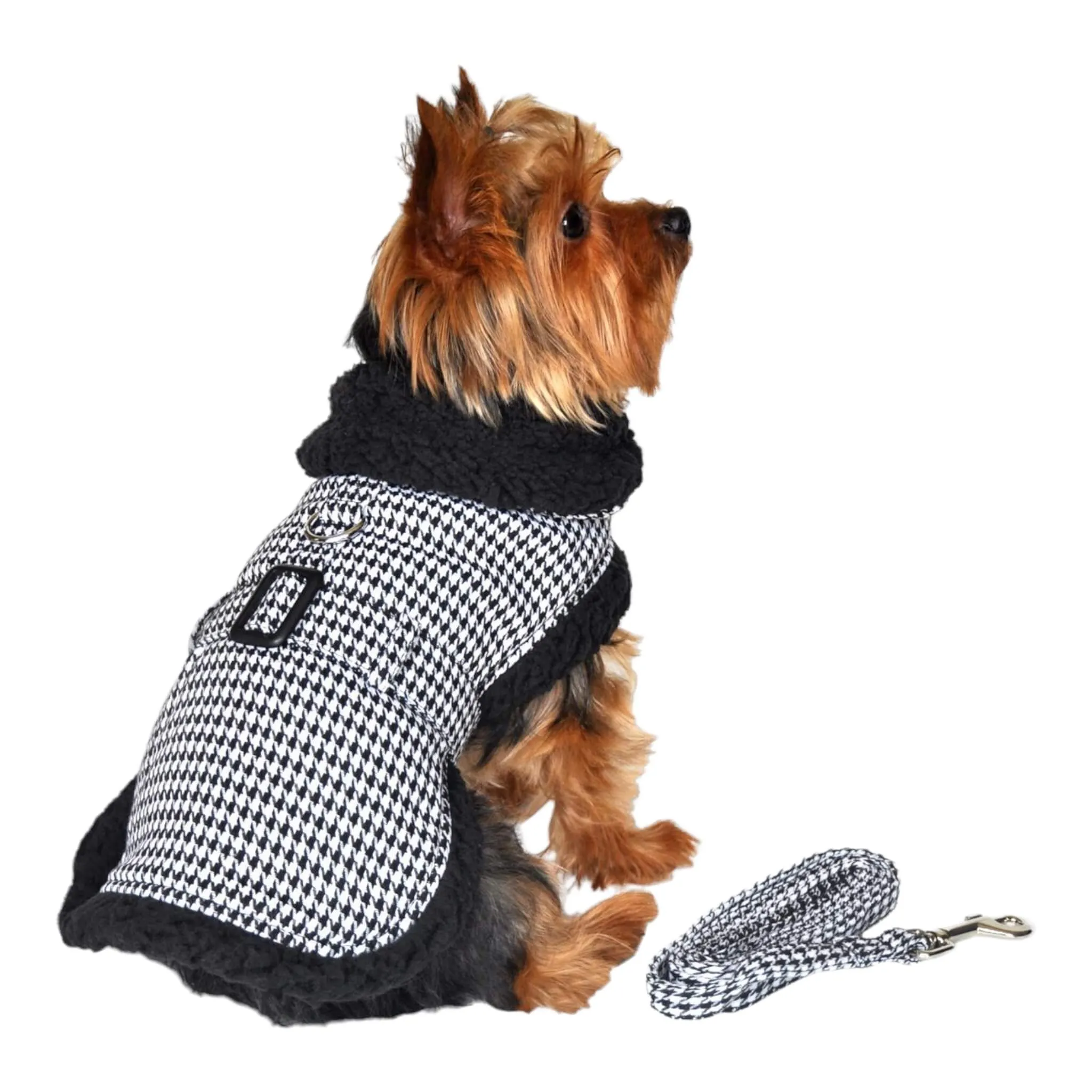 Black and White Classic Houndstooth Dog Harness Coat with Leash