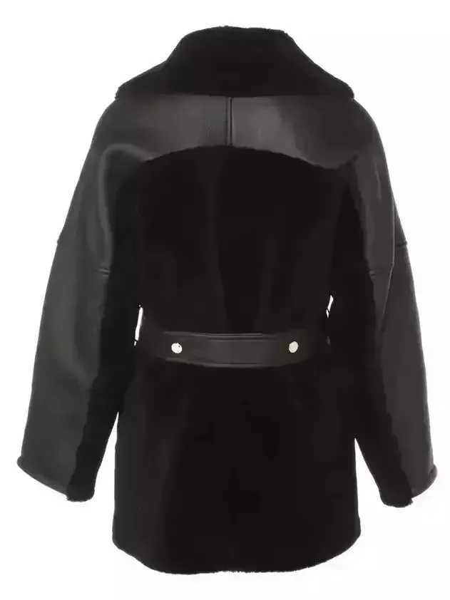 Black Leather and Shearling Aviator Style Coat