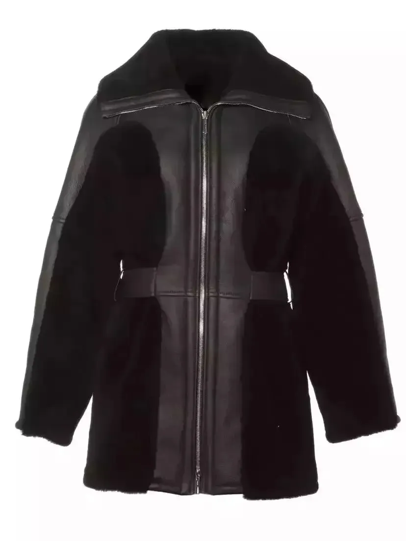 Black Leather and Shearling Aviator Style Coat