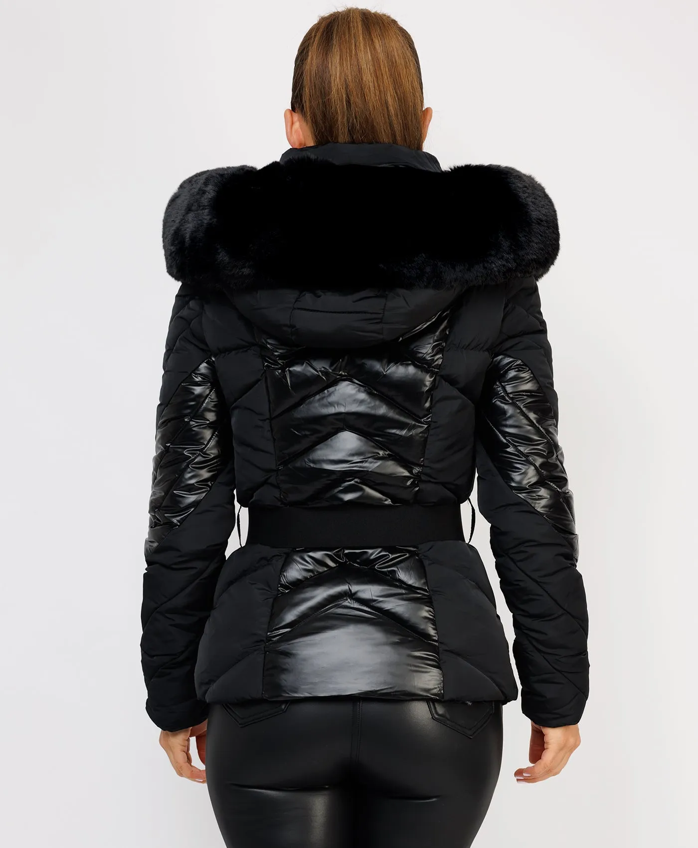 Black Metallic Quilted Padded Belted Ski Jacket