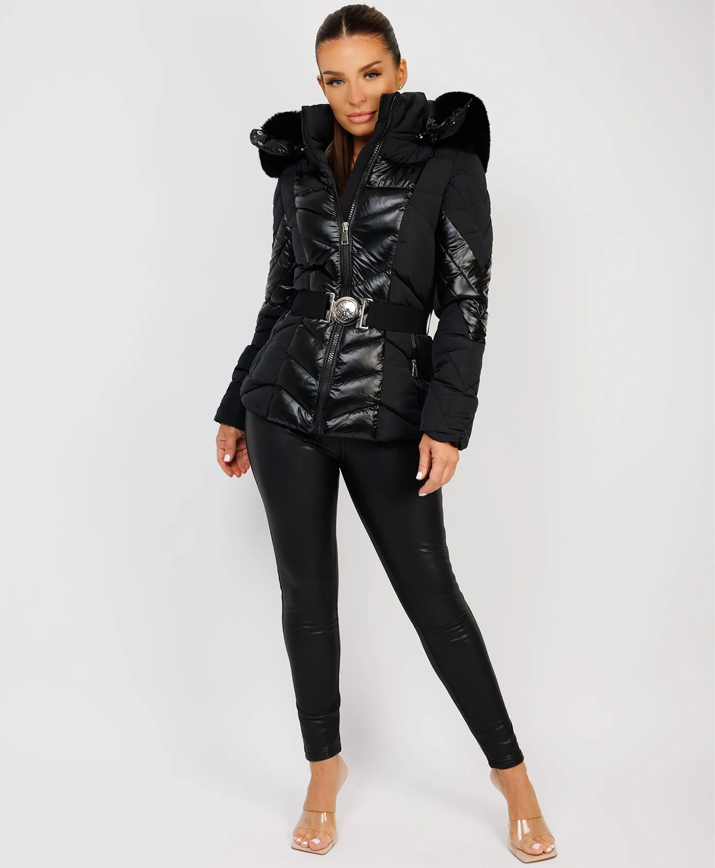 Black Metallic Quilted Padded Belted Ski Jacket