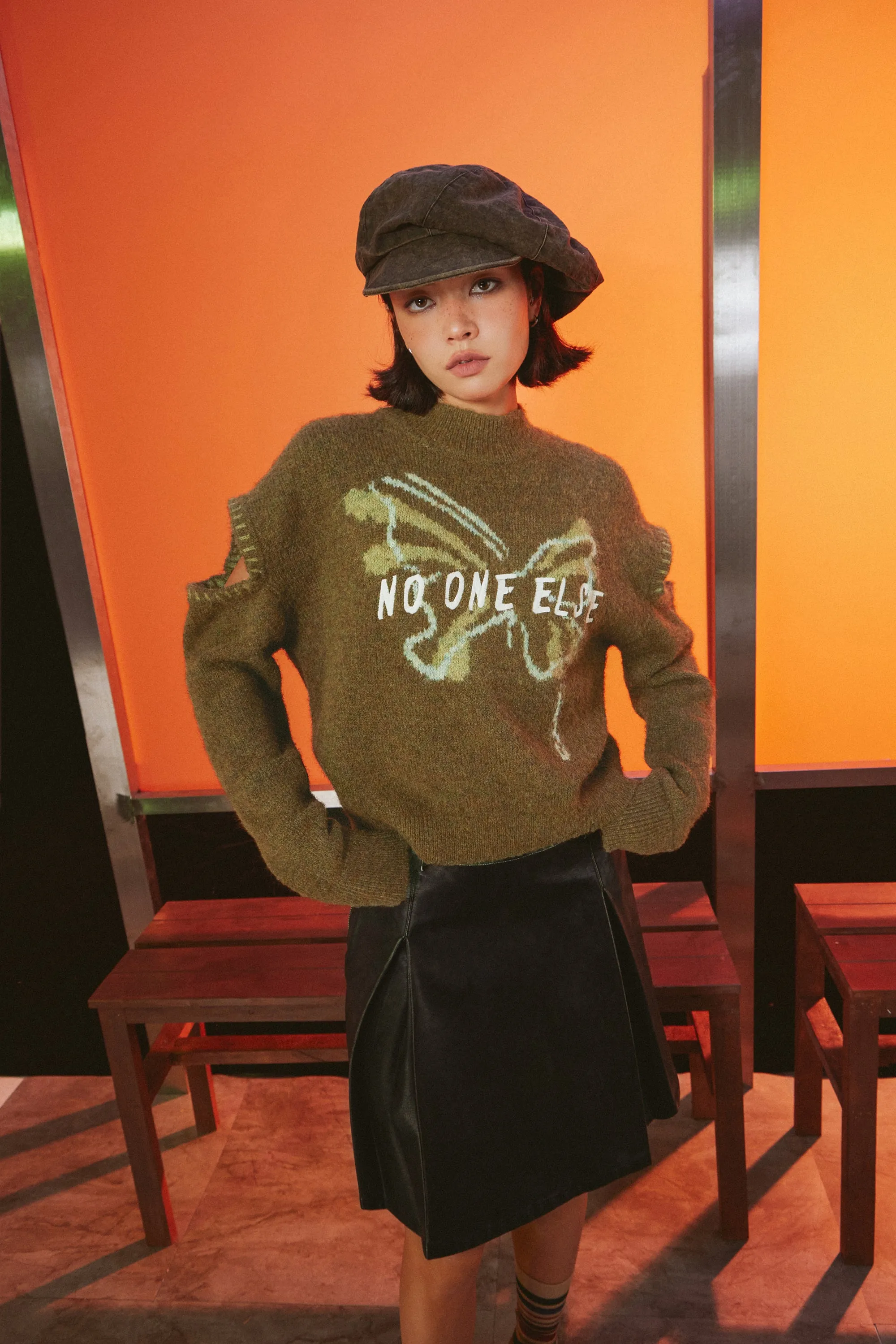 Butterfly Logo Sleeve Slit Knit Sweater