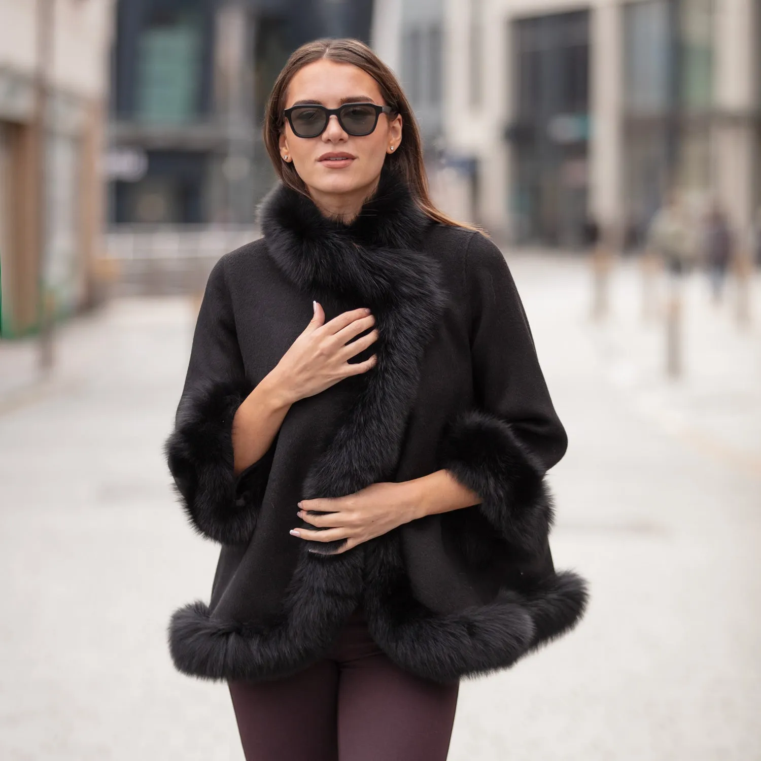 Cashmere & Fox Fur Wrap Coat - Black