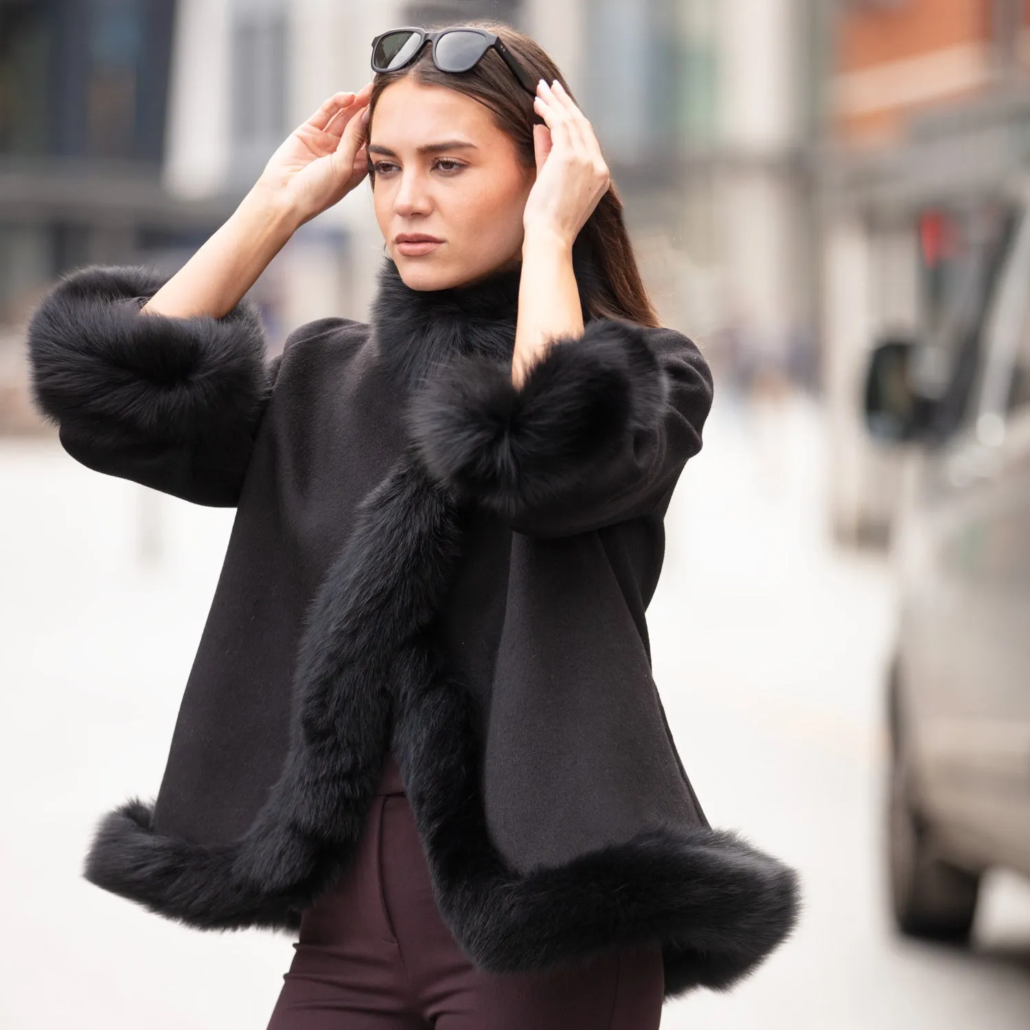 Cashmere & Fox Fur Wrap Coat - Black